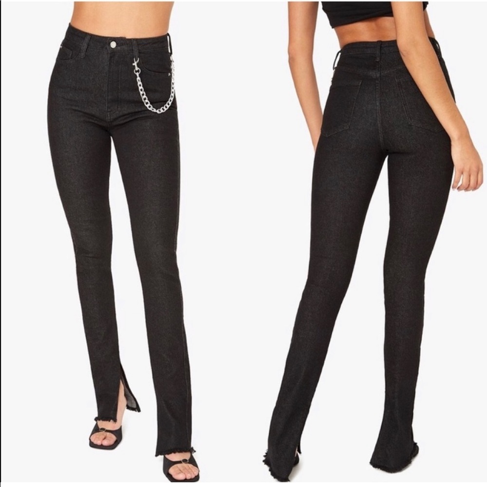 WeWoreWhat Raw Edge Slit Hem Stretch Jeans, Washed Black, Size 27